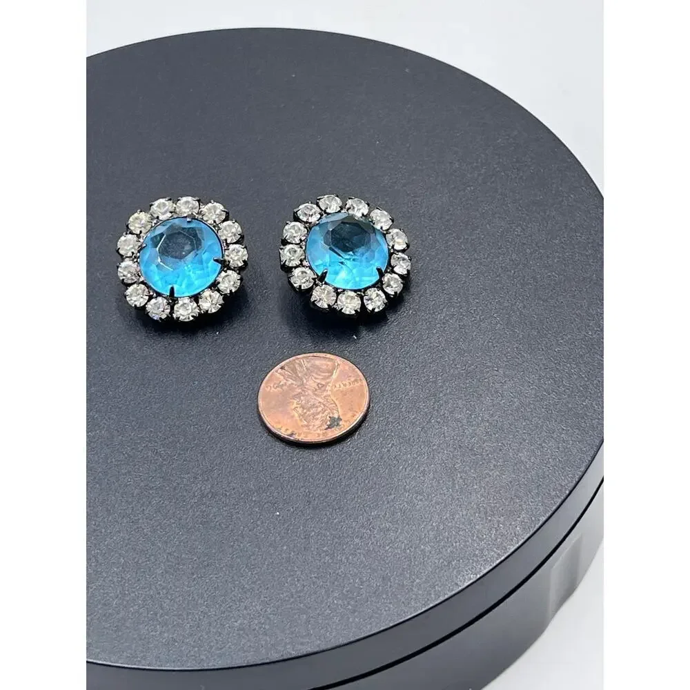 Kenneth Jay Lane Vintage Aquamarine Color Button Clip Gunmetal Earrings - Picture 11 of 12
